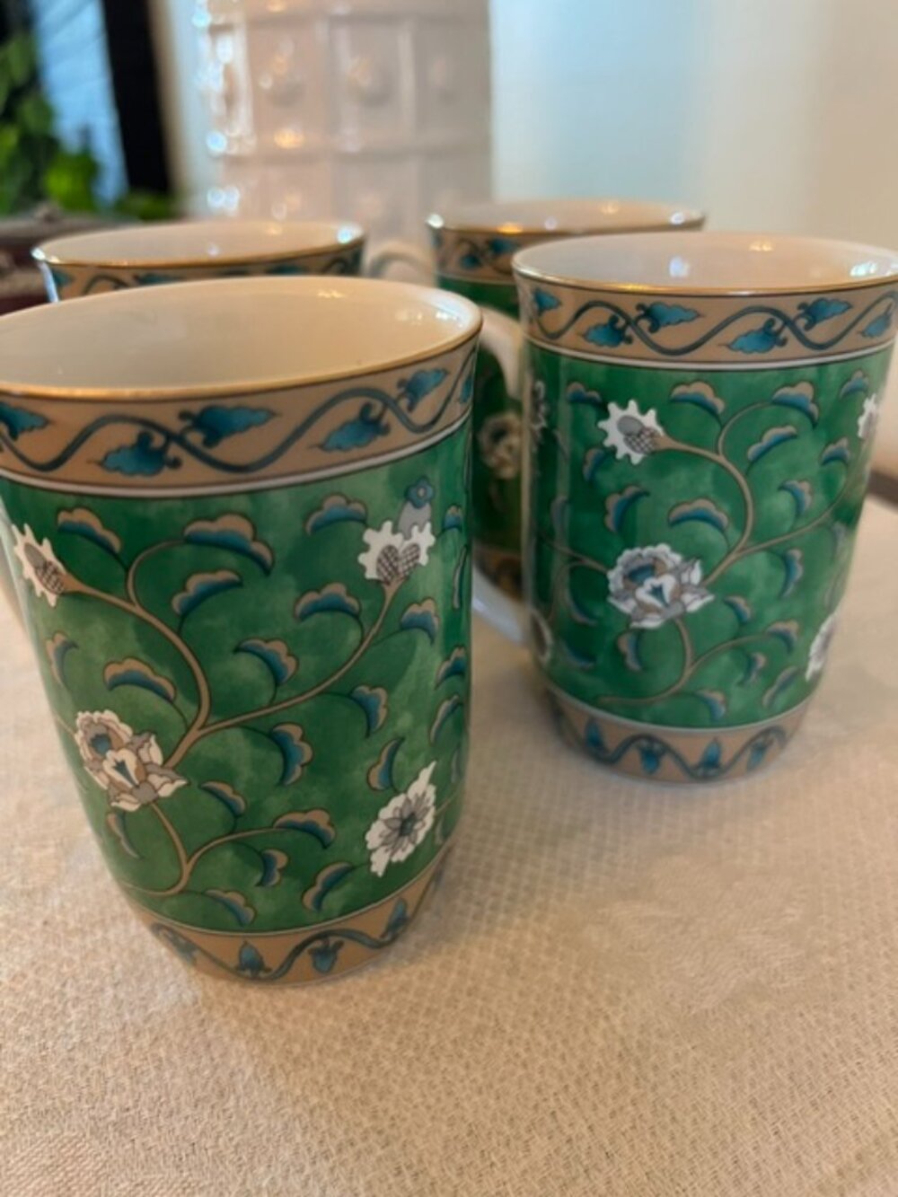 VTG Takahashi San Francisco Cup 10oz Etude Mugs Green Gold Rim 1986 Set of 4